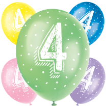Age 4  5CT 12" Helium Fill Latex Balloon- Pearlized Assorted Colours, Printed All Around - 5ct