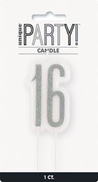 Black/Silver Glitz Age 16 Glitter Birthday Candle
