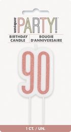 Rose Gold Glitz Age 90 Glitter Birthday Candle